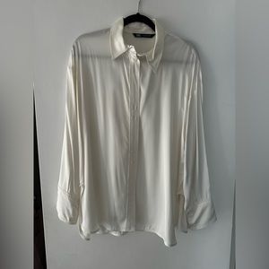 NEW Zara silk off white cream button down shirt size M